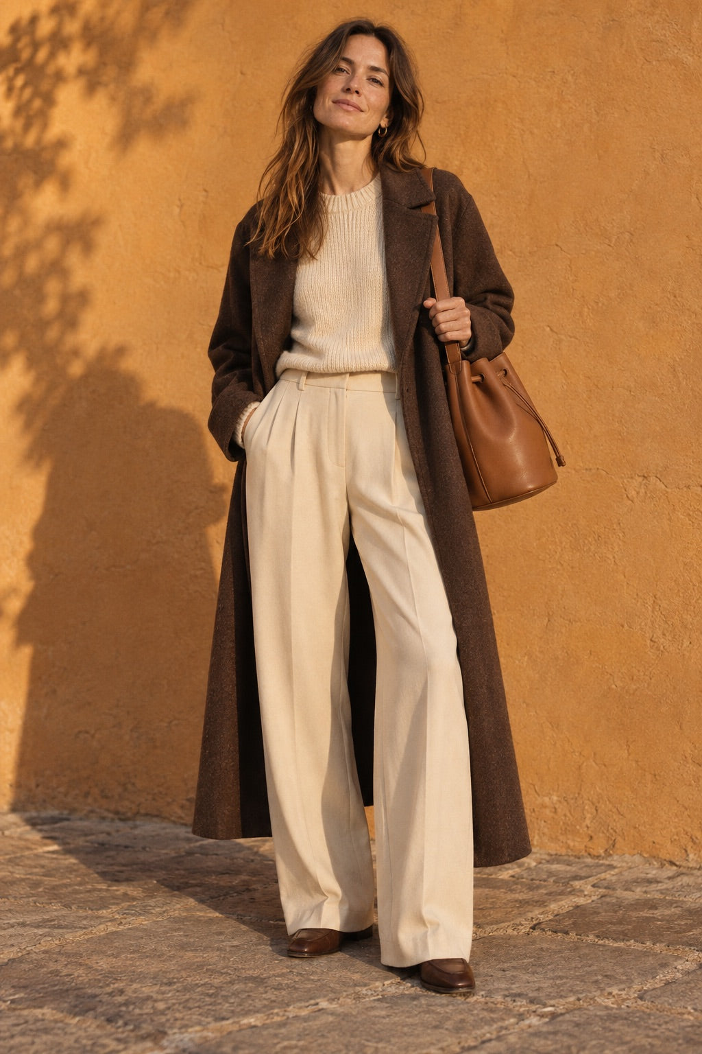 Manteau espresso, pull crème, pantalon plissé et sac toffee