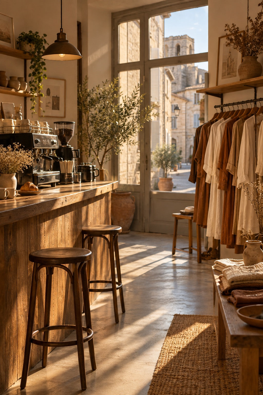 Le café-boutique Maison Mocha à Arles, comptoir et portants