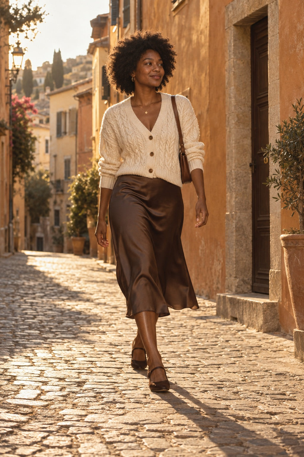 Cardigan crème et jupe satin chocolat dans une rue ancienne