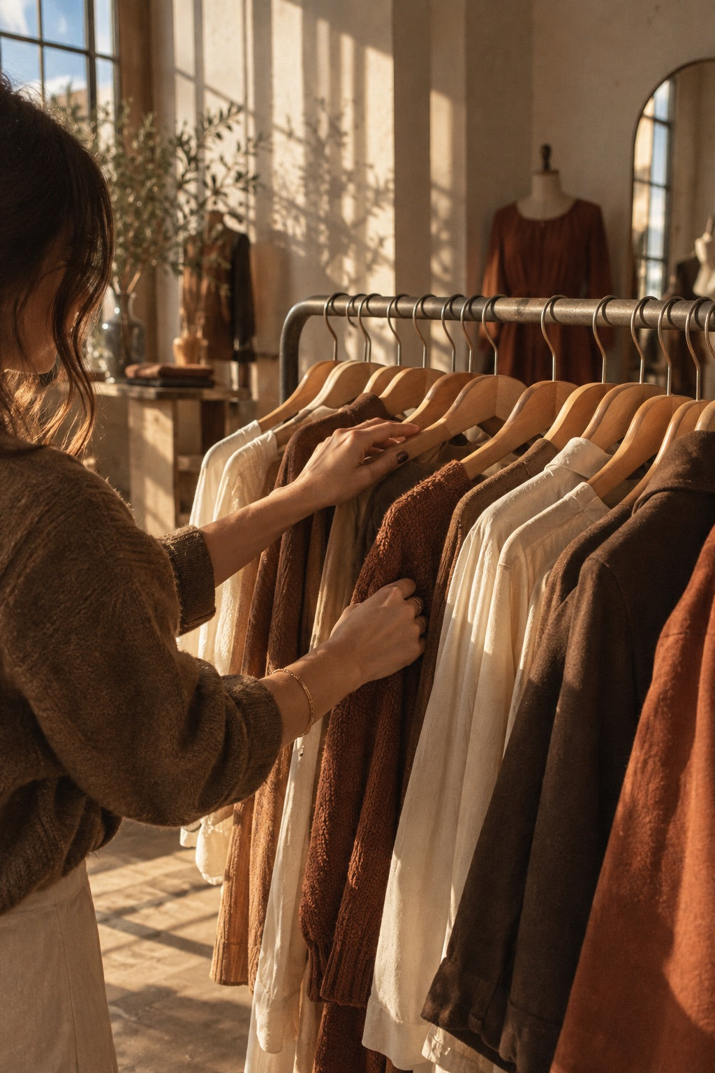 Portant de vêtements crème et caramel dans la boutique