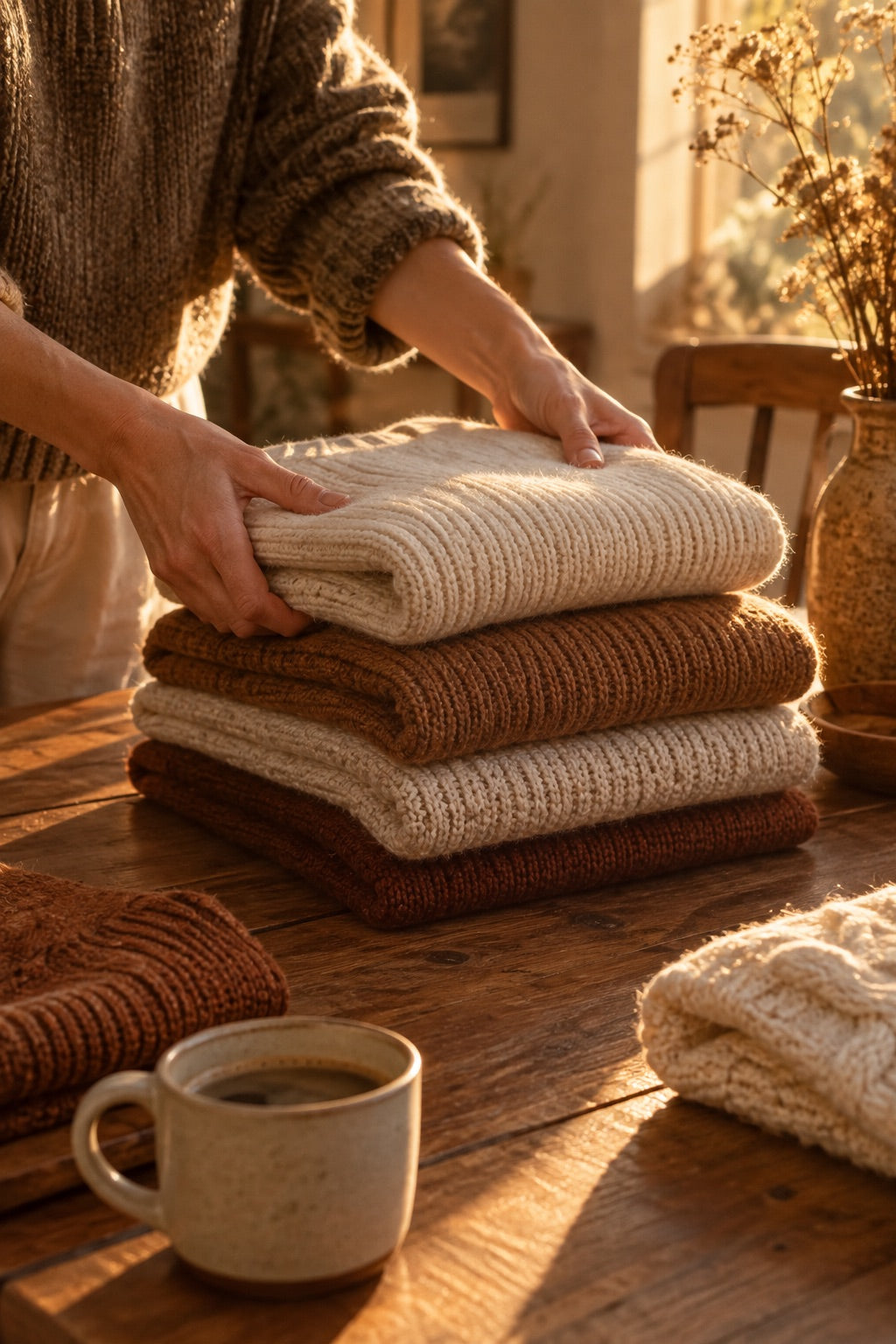 Maille pliée sur une table en bois
