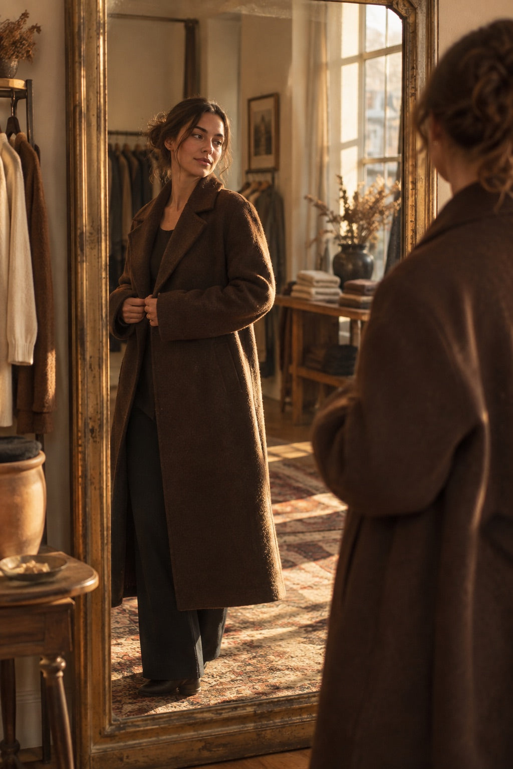 Essayage d'un manteau long devant un miroir ancien