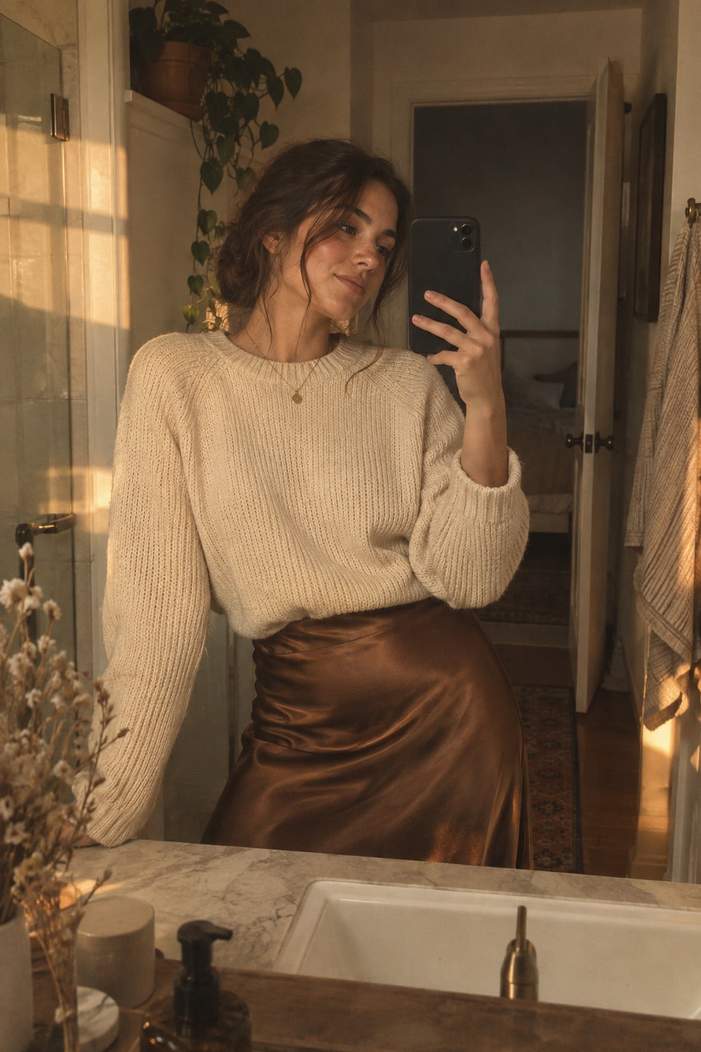 Photo cliente : pull crème et jupe satin dans un miroir